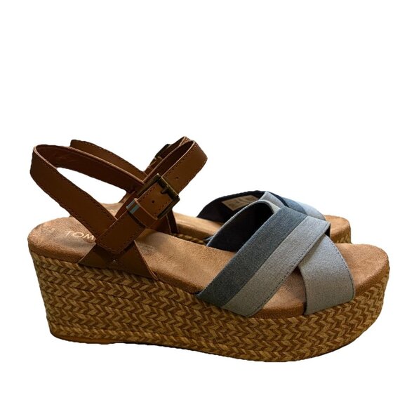 Toms Sandals Size 9.5 Willow Platform Wedge Blue Denim Tan Leather Espadrille - Picture 2 of 8